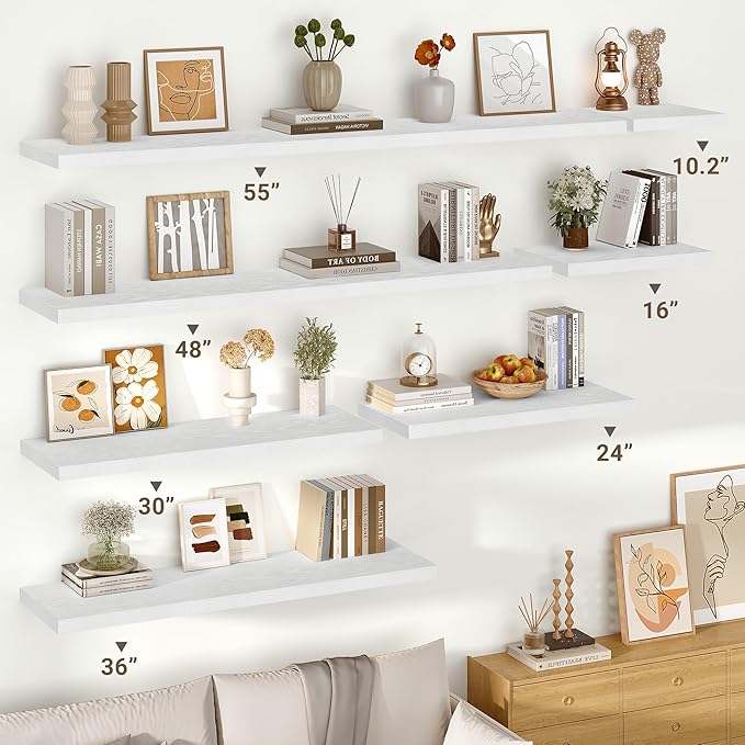Vivelove 10 in Deep Floating Shelves for Wall, 24" x 10.2" x 1.5" Shelves for Room Wall Mounted, 1.5 Inch Thick Shelf for Bathroom Bedroom Kitchen Book Room, Modern Farmhouse Decor, Set of 2, White