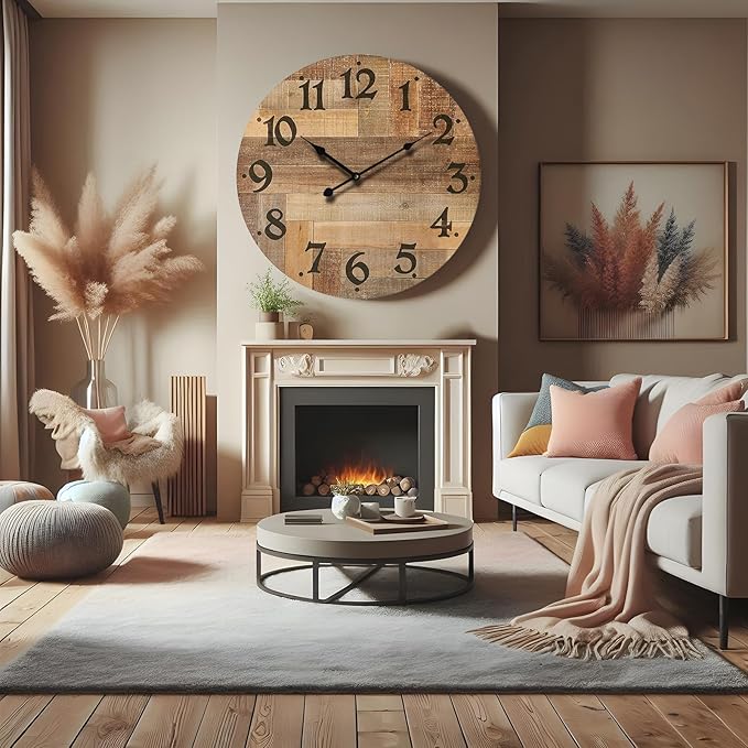 24 Inch Silent Large Wall Clock Battery Operated for Farmhouse Kitchen,Non-Ticking Retro Wall Clock with Big Numbers for Living Room,Vintage Wood Clock for Bedroom Home Country Office School