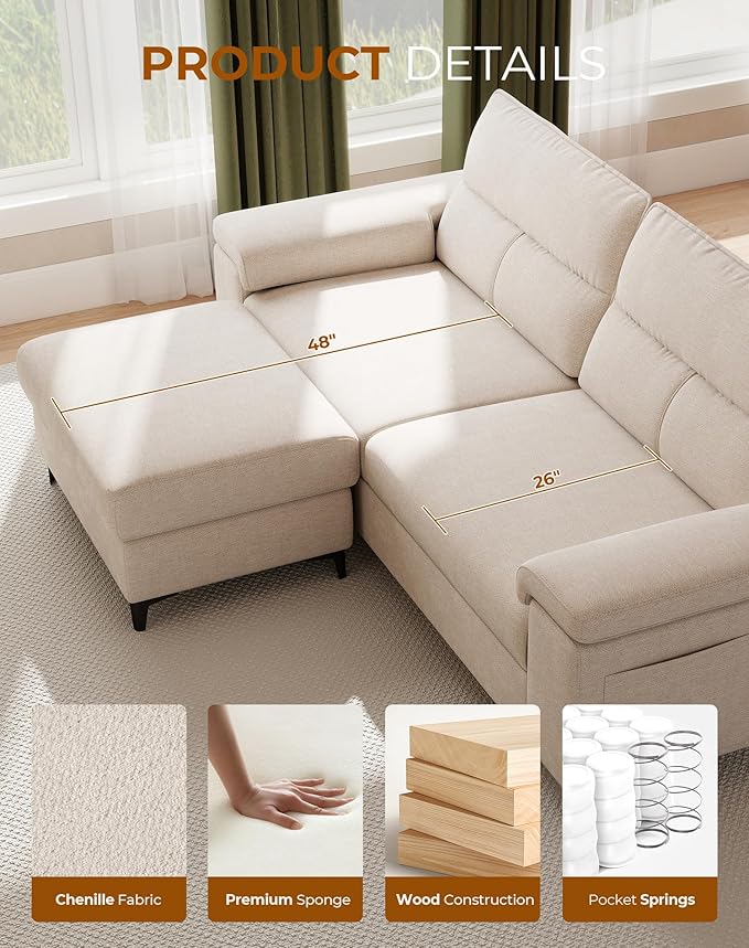 88.97" L Shaped Sectional Couches for Living Room, Deep Seat Sofa with Big Storage Ottoman & 8”Cushion, Comfy 2-Seater Chenille Loveseat, Convertible Armrest, Removable Cover for Small Space(Beige)