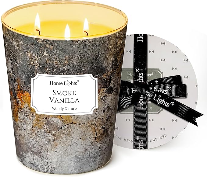 HomeLights Large jar Candle | 3-Wick Long-Lasting Scented Candles, 34oz Natural Soy Wax Candle for Home Scented, Industrial Chic Gifts for Women & Men, Smoke Vanilla