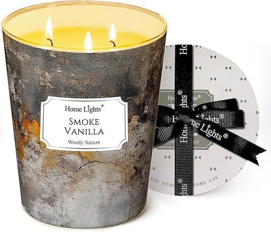 HomeLights Large jar Candle | 3-Wick Long-Lasting Scented Candles, 34oz Natural Soy Wax Candle for Home Scented, Industrial Chic Gifts for Women & Men, Smoke Vanilla