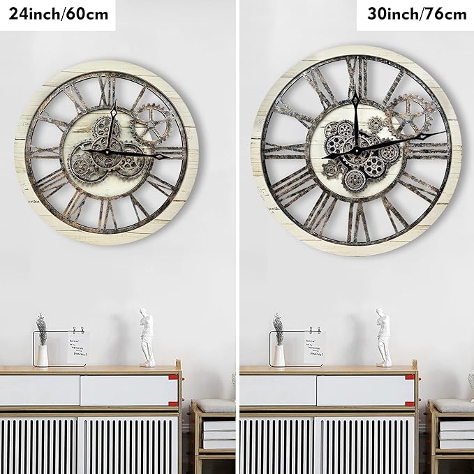 The B-Style Large Real Moving Gears Wall Clock 30 inch Rustic Retro Industrial Farmhouse Wood Clock Oversized Decorative Vintage Wall Clocks for Living Room (Desert Beige and Bronze)