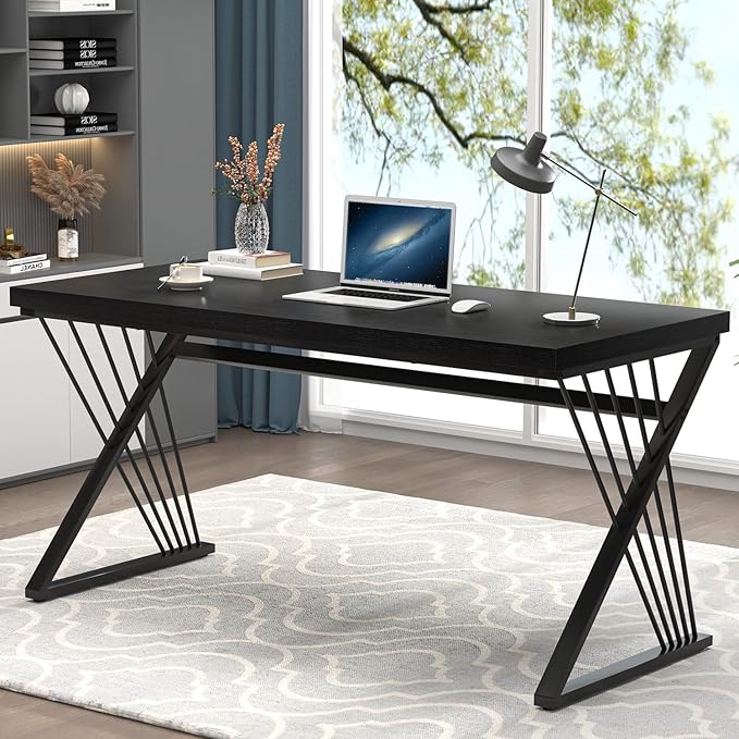 FOLUBAN Black Desk, Modern Wood and Metal Computer Desks for Home Office, Simple Writing Work PC Desk for Bedroom, Industrial Study Gaming Table for Living Room, 60 Inch