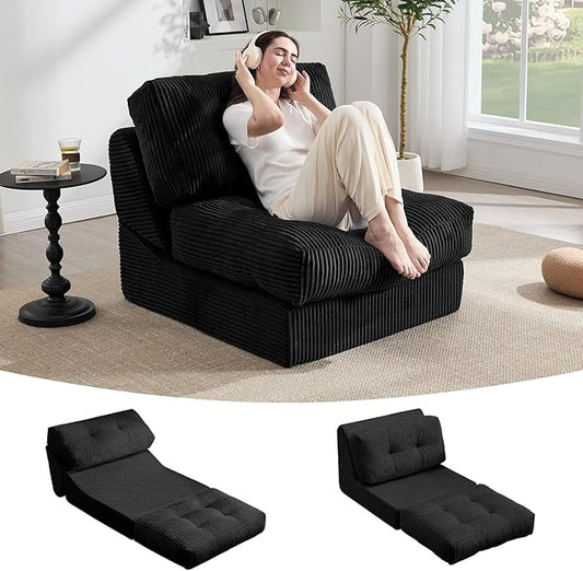 Tbfit Folding Sofa Bed, Convertible Sleeper Chair with Large Pillow, Corduroy Folding Couch Bed, Portable & Foldable Mattress Boneless Floor Sofa for Living Room, Bedroom, Office, Black, Single