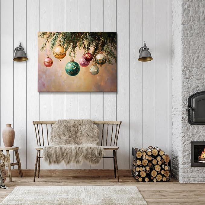 Vintage Holly Garland Christmas Canvas Wall Art - Rustic Christmas Wall Decor Framed Canvas Prints for Living Room & Office, Timeless Christmas Gifts & Winter Wall Decor