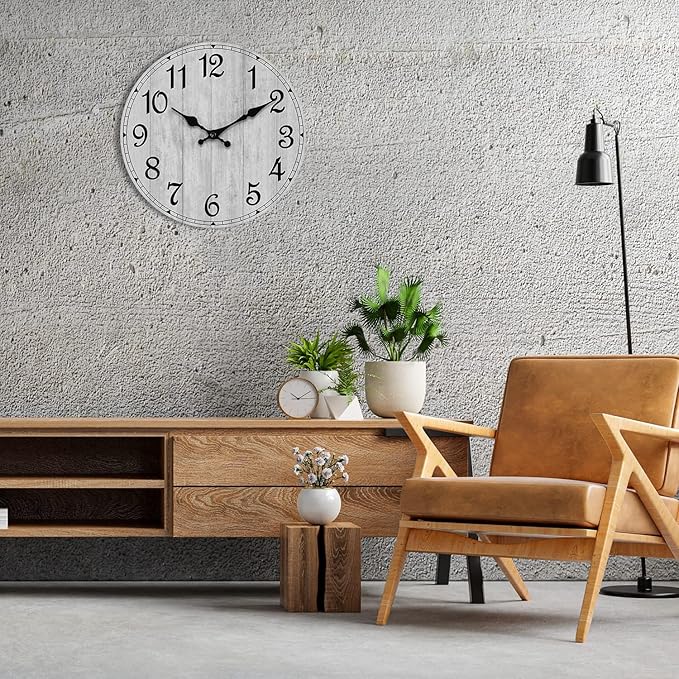 HYLANDA Wall Clock 12 Inch, Grey Wall Clocks Battery Operated Silent Non Ticking, Vintage Rustic Wooden Clocks Decorative for Kitchen Bathroom, Living Room, Bedrooms, Dining Room, Office (12")