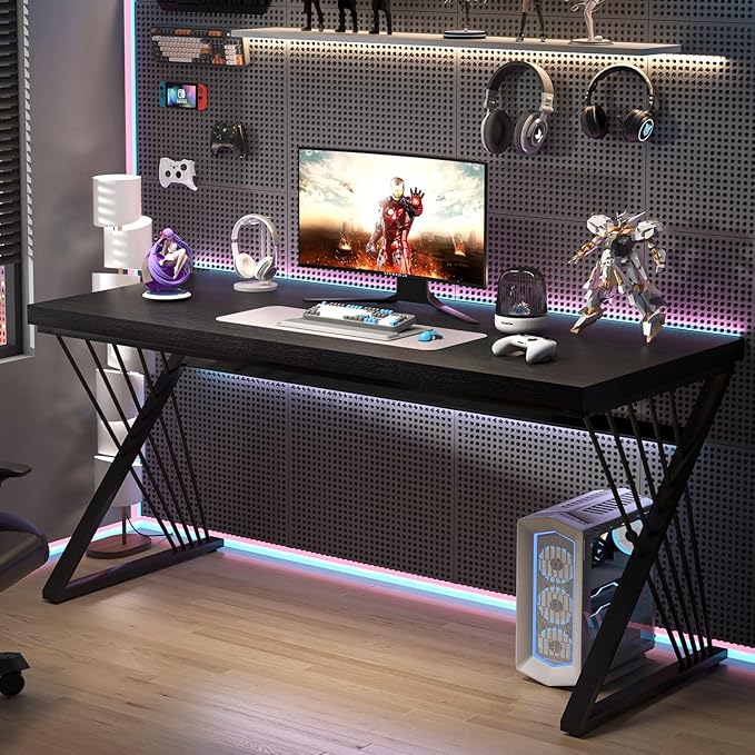 FOLUBAN Black Desk, Modern Wood and Metal Computer Desks for Home Office, Simple Writing Work PC Desk for Bedroom, Industrial Study Gaming Table for Living Room, 60 Inch