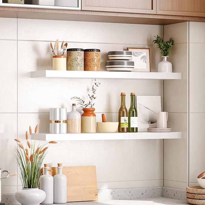 HOOBRO Floating Shelves for Wall, Wall Mounted Shelf Set of 2, 31.5" Hanging Shelf with Invisible Brackets, for Wall in Bathroom, Bedroom, Toilet, Kitchen, Living Room, Office, White WT80BJP201