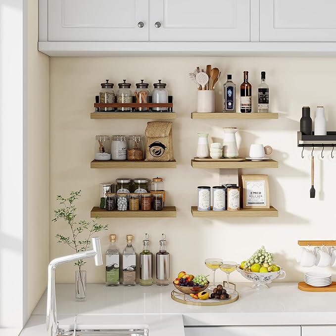 Floating Shelves for Wall, Wall Mounted Shelves with Invisible Brackets, 3 Small Wood Floating Wall Shelf Shelves for Living Room, Bedroom, Kitchen, Bathroom (Oak, 15" W x 6" D x 1" H)