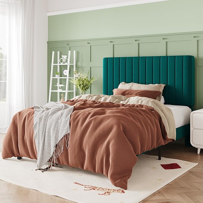 Allewie Twin Bed Frame, Velvet Upholstered Platform Bed with Adjustable Vertical Channel Tufted Headboard, Mattress Foundation with Strong Wooden Slats, Box Spring Optional, Easy Assembly, Teal