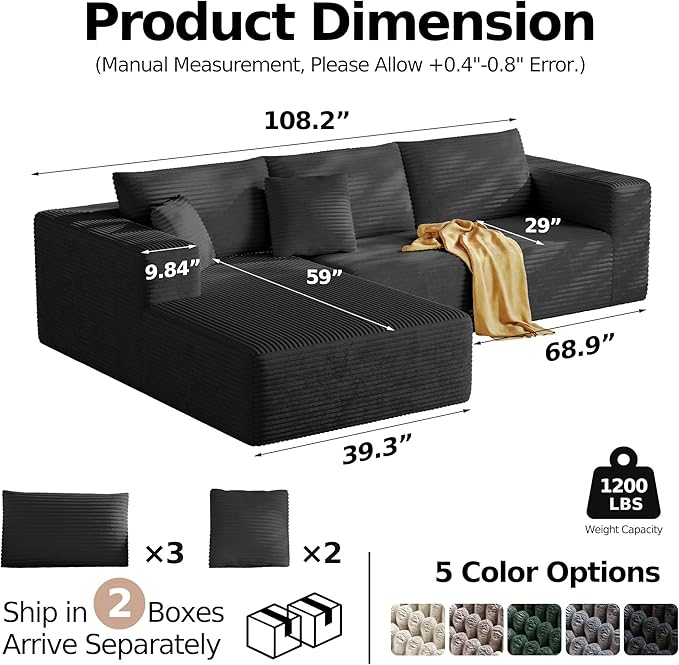 108'' Modular Sectional L-Shaped with Chair,Deep Seat Boneless Corner Couch for Living Room,Plush Corduroy Couch with Detachable Sofa Set,No Assembly(Left Facing Chaise，Gray)