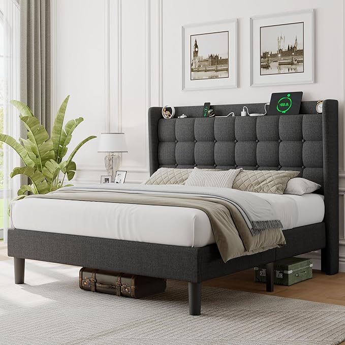 iPormis Full Size Upholstered Platform Bed, Button Tufted Wingback Bed Frame with Charging & Storage Headboard, No Box Spring Needed, Dark Gray