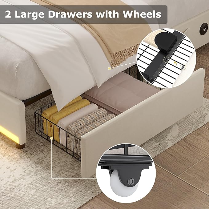 VECELO Full Size Bed Frame with Storage Drawers, Upholstered Platform Bedframe with Wingback Headboard, No Box Spring Needed, Beige