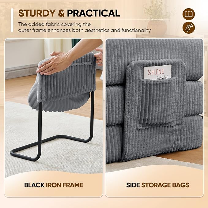 Antetek Convertible Sofa Bed, Comfy Corduroy Fluffy Love seat Sleeper Sofa, 5 in 1 Folding Couch Bed, Fold Out Floor Couch with Pillows for Bedroom, Living Room, Office, Wide Stripes, Grey