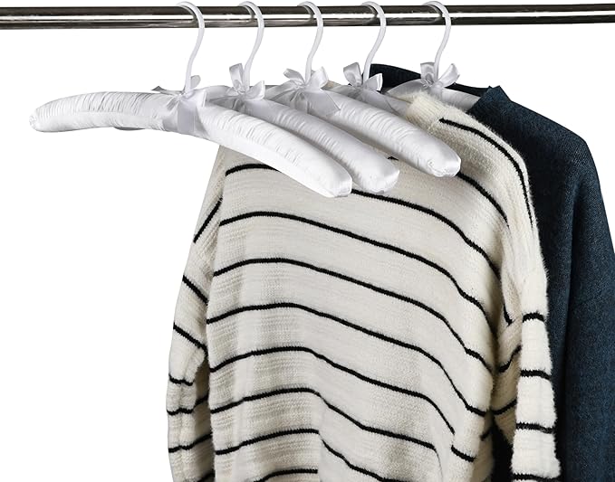 Pure White Satin Padded Sweater Hangers 5 Pack, Blouse Hanger with Thick & Soft Foam for Bridal Wedding Dress Lingerie, Smooth Silk Covered Shirt Hanger Without Shoulder Bump