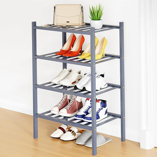 Smiry Shoe Rack, 4 Tier Small Bamboo Shoe Organizer, Stackable Free Standing Wooden Shoe Storage Shelf for Closet, Entryway, Front Door Entrance, Grey