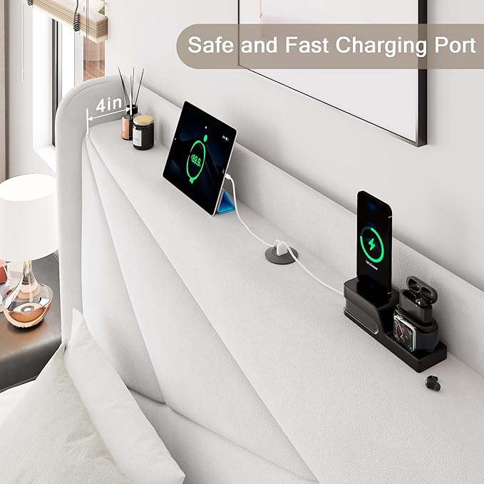 Full Size Upholstered Bed Frame with Charging Station, Platform Bed Frame with Storage Headboard, Solid Wood Slats Support, No Box Spring Needed, White