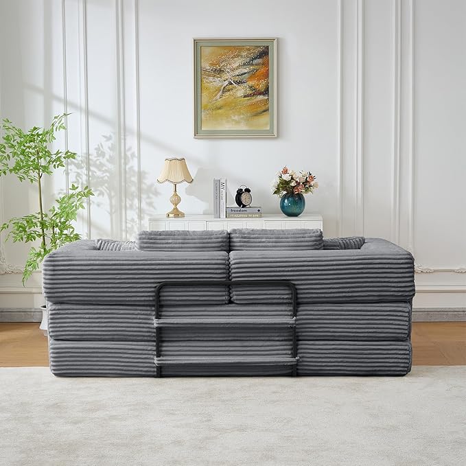 Antetek Convertible Sofa Bed, Comfy Corduroy Fluffy Love seat Sleeper Sofa, 5 in 1 Folding Couch Bed, Fold Out Floor Couch with Pillows for Bedroom, Living Room, Office, Wide Stripes, Grey