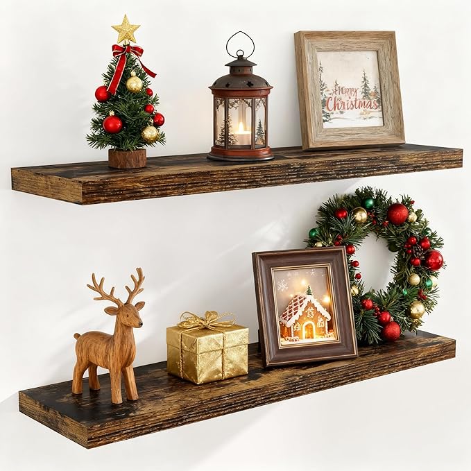 40 Inch Floating Shelves for Wall, 9.3 Inch Deep Shelves for Books & Decor, Wall-Mounted Floating Shelf 40 Inch Long Set of 2, Rustic Wooden Shelf for Living Room, Bedroom, Kitchen, Rustic Brown