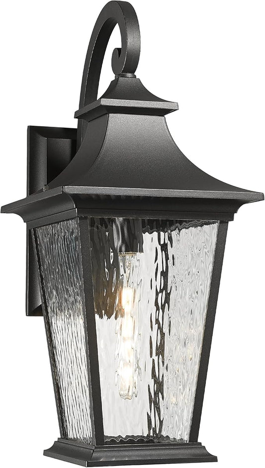 Emliviar 25 Inch Exterior Lighting Fixture, Black Outside Lights for House, Outdoor Wall Lantern with Water Ripple Glass, XE220B-SW BK