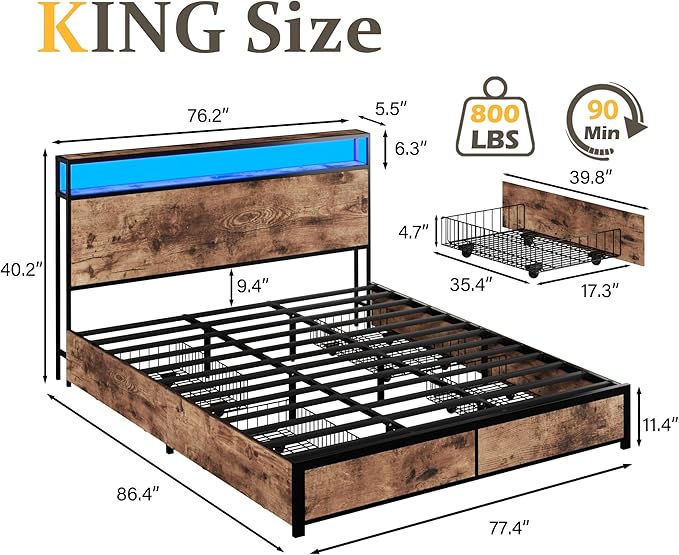 Lifezone King Bed Frame with 2-Tier Storage Headboard, Metal Platform Bed Frame with 4 Storage Drawers, Built in Charging Station & LED, Noise-Free/Metal Support/No Box Spring Needed, Vintage Brown