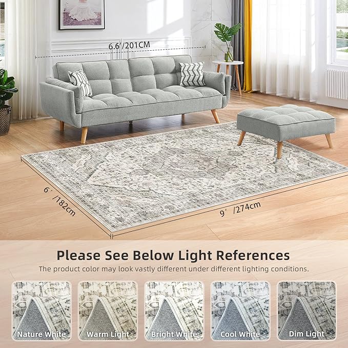 Deerly Boho 6x9 Area Rug Vintage Rugs for Living Room, Washable Rugs Non Slip Large Area Rug for Dining Room Bedroom Office, Floor Decoration Big Rug Mat Low-Pile (Cream)