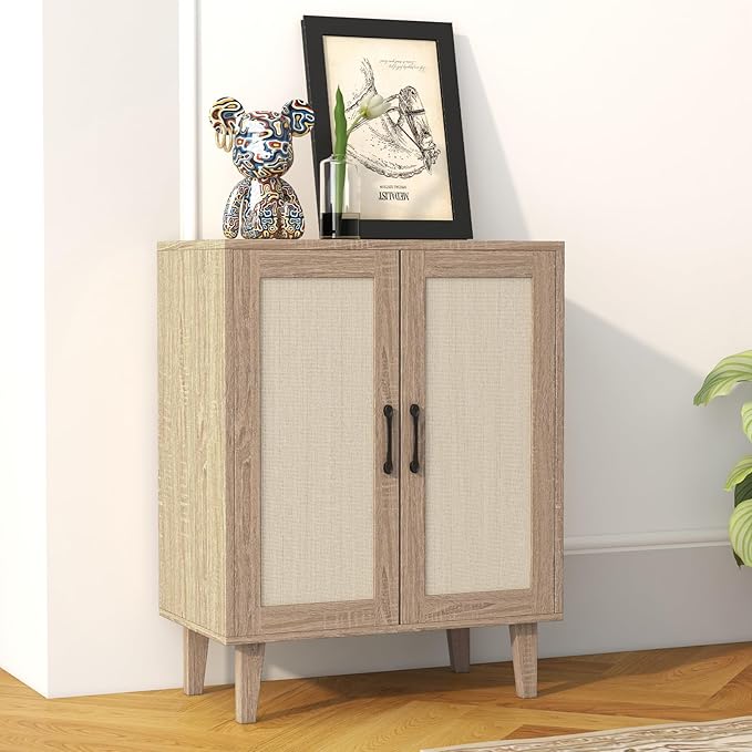 Panana Buffet Cabinet Sideboard with Rattan Decorated Doors Kitchen Storage Cupboard Accent Cabinet (Natural Wood)