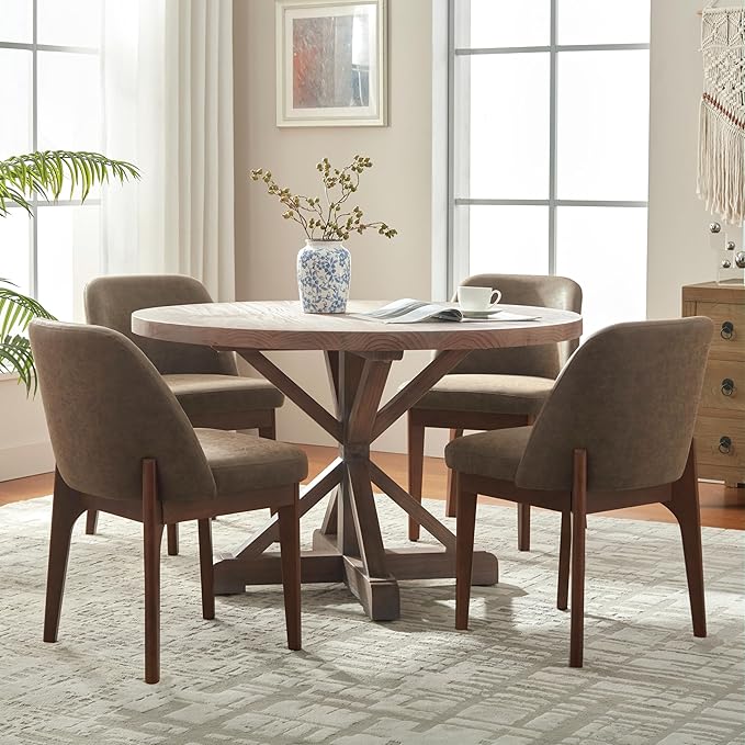 VKNOW Modern Dining Chairs Set of 4, Faux Leather Kitchen Chairs with Wood Legs, Upholstered Side Chair for Kitchen Dining Room, Dark Brown