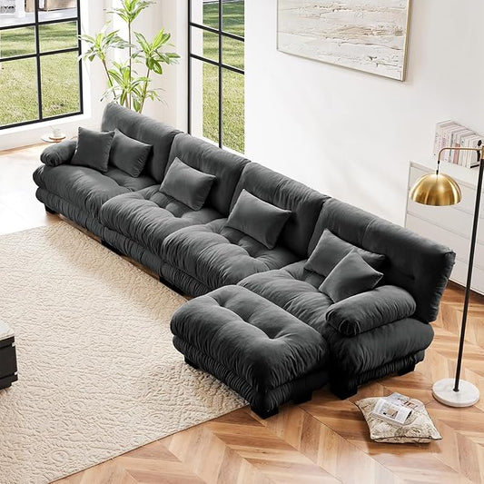173.2" Oversized Couch, 4 Seater Modular Sectional Sofa, Grey Large L Shaped Fluffy Couch Set, Chenille Cloud Couches with Ottoman, Deep Seat Sofas for Living Room