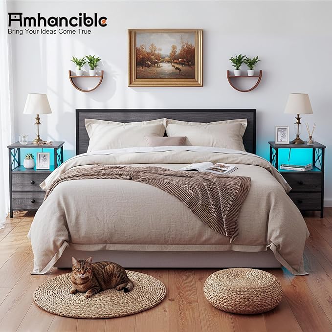 AMHANCIBLE Night Stand Set 2, LED Nightstand with Charging Station, End Tables Living Room with Fabric Drawers, Bedside Table for Bedroom, Dark Grey HET052LDG