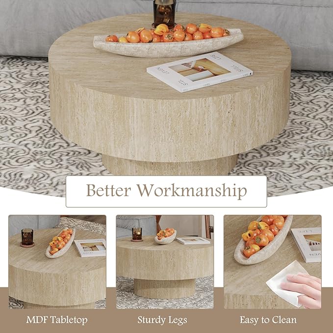 Travertine Coffee Table 29.92" Modern Round Coffee Table for Living Room, Small Circle Coffee Table Drum Center Table End Table for Apartment Office Farmhouse (Round)