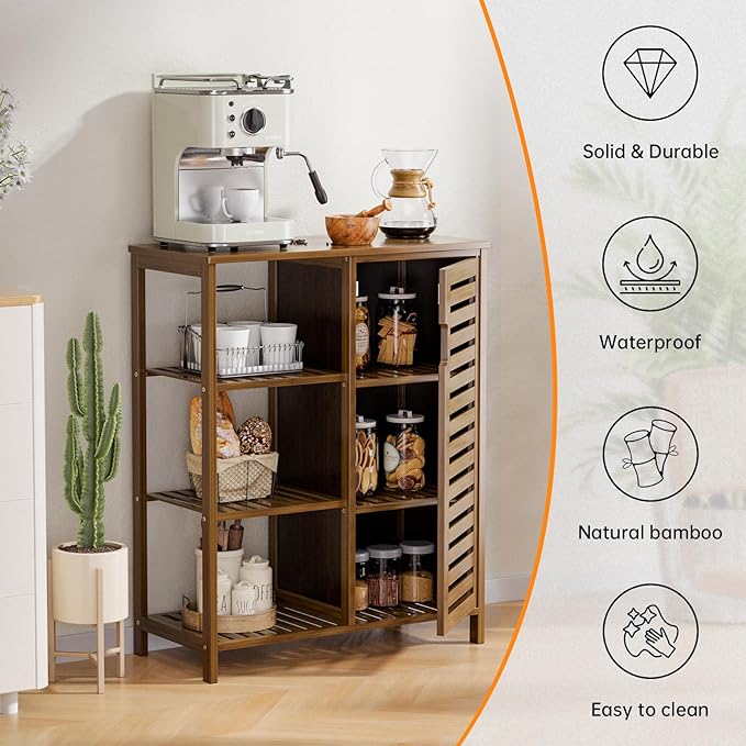HITNET Bathroom Storage Cabinet Bamboo, Free Standing Floor Cabinet, Kitchen Cupboard Side Storage Organizer with Shutter Door and 3 Side Shelves, Walnut