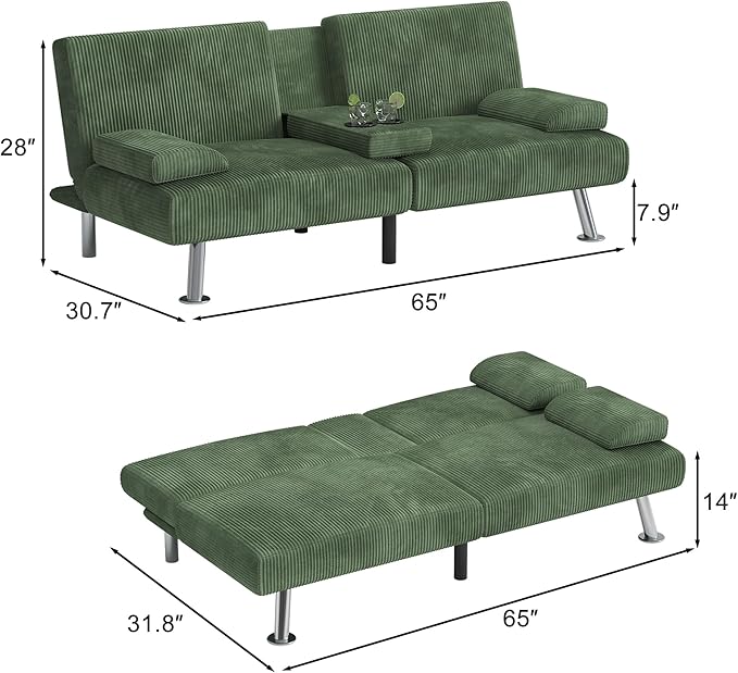 Shahoo Modern Upholstered Convertible Folding Futon Sofa Bed with Removable Armrests, Metal Legs, 2 Cup Holders for Living Room, Green