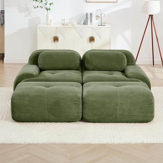 80" Modern Compressed Boneless Love Seat Couches with 2 Ottomans, 2 Seater Large Sectional Couches for Living Room, Green Corduroy Cloud Modular Sectional Sofa, Memory Foam, Deep Loveseat, No Assembly