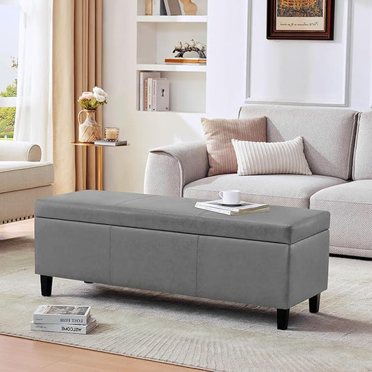 HUIMO Faux Leather Storage Ottoman Bench 50.3 Inch Extra Long PU Upholstered Bedroom Bench with Large Storage Space for The Living Room, Entryway, Bedroom Hold Up to 300lbs (Grey)