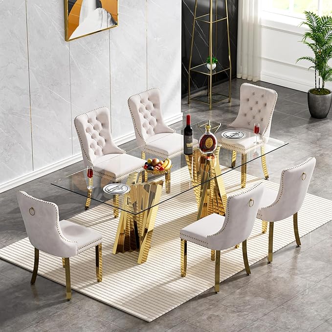 Goujxcy 70" Glass Dining Table Set for 6, Modern Gold Dining Table Set with 6 Beige Velvet Upholstered Dining Chairs, 7 Piece Kitchen Dining Room Table Set with Stainless Steel Legs
