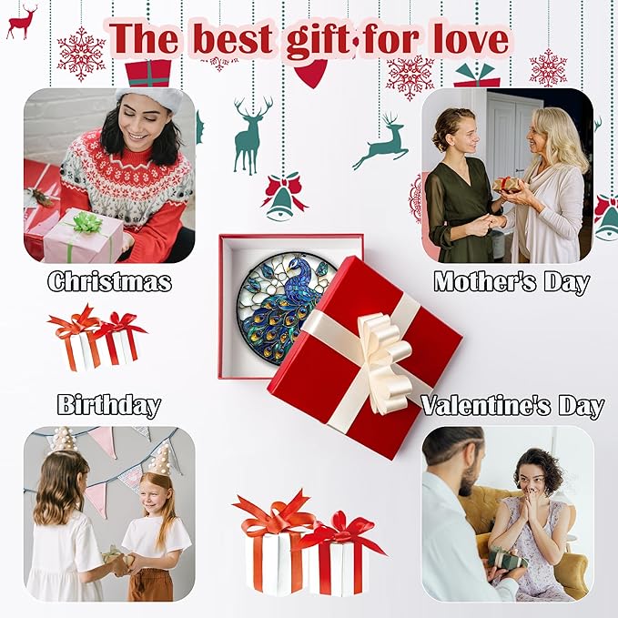 Stained Glass Window Hanging - Peacock Blue Gold Feathers Sun Catcher for Door Garden Home Decor Bird Suncatcher Christmas Mother's Day Birthday Gifts for Women Men Mom Nana 7.8 in