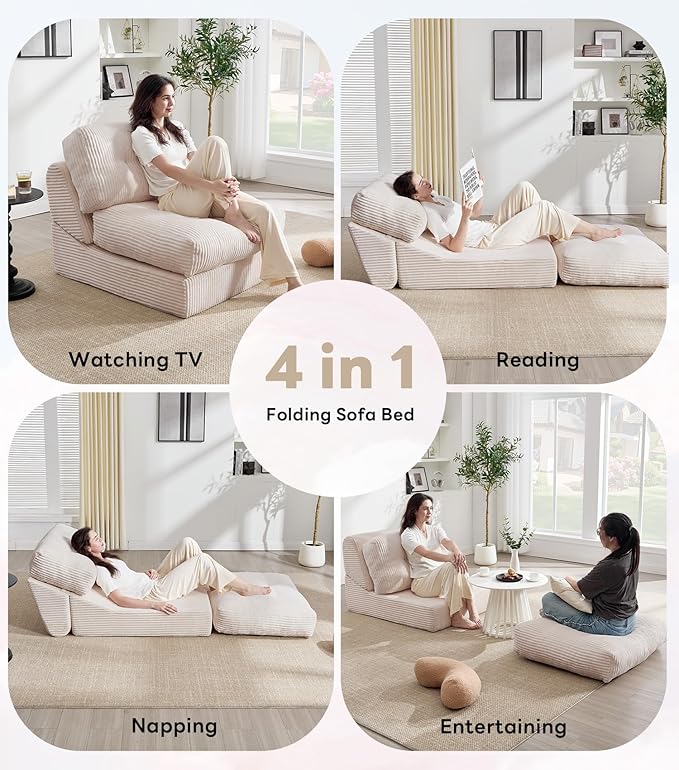 Tbfit 35.8'' Folding Sofa Bed, Convertible Sleeper Chair with Large Pillow, Corduroy Folding Couch Bed, Portable & Foldable Mattress Boneless Floor Sofa Set of 2, Khaki