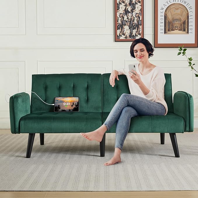 TYBOATLE 65" W Velvet Modern Convertible Folding Futon Couch Sofa Bed w/ 2 USB Charging Ports and arms, Loveseat for Living Room, Office, Apartment, Bedroom (Green)