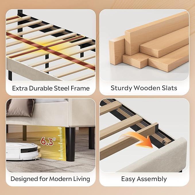 WLIVE Twin Size Upholstered Bed Frame, Velvet Square Tufted Headboard,Sturdy Metal & Wooden Slats Support, No Box Spring Needed, Light Grey