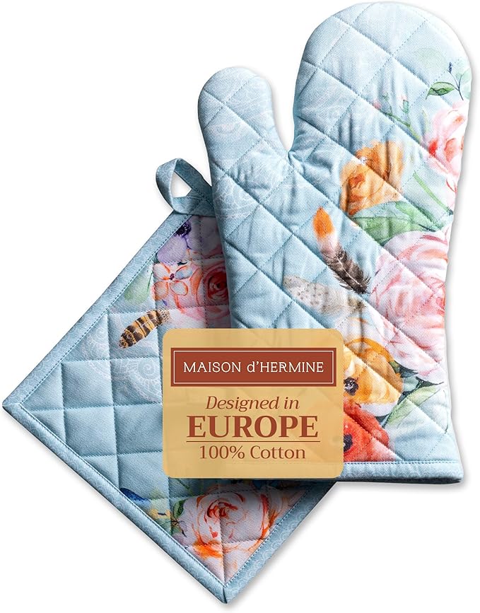 Maison d' Hermine 100% Cotton Oven Mitt & Pot Holder Set (7.5"x13" & 8"x8") Heat Resistant BBQ Cooking Gloves with Loop, Baking, Grilling, Kitchen, Handling Hot Pans Spring/Summer (Ibiza)
