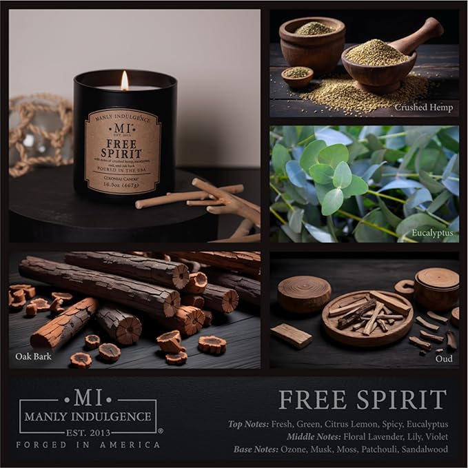 Manly Indulgence Free Spirit Scented Candles for Men, 16.5 oz Single Wick, Premium Soy Blend Wax, 60H Burn, Candles for Home Scented – Made in The USA
