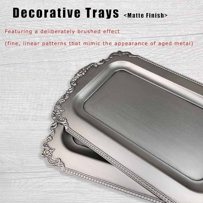 Set of 2 Matte Silver-Effect Plastic Decorative Trays for Coffee Table- Vintage Style (Actual Available Size: 10.5" L x 5.9" W)