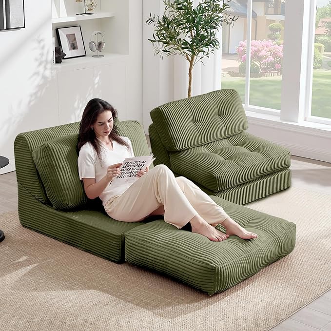 Tbfit 35.8'' Folding Sofa Bed, Convertible Sleeper Chair with Large Pillow, Corduroy Folding Couch Bed, Portable & Foldable Mattress Boneless Floor Sofa Set of 2, Green