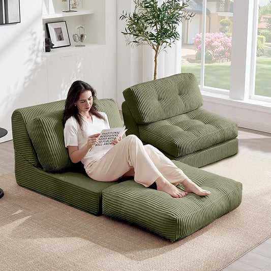 Tbfit 35.8'' Folding Sofa Bed, Convertible Sleeper Chair with Large Pillow, Corduroy Folding Couch Bed, Portable & Foldable Mattress Boneless Floor Sofa Set of 2, Green