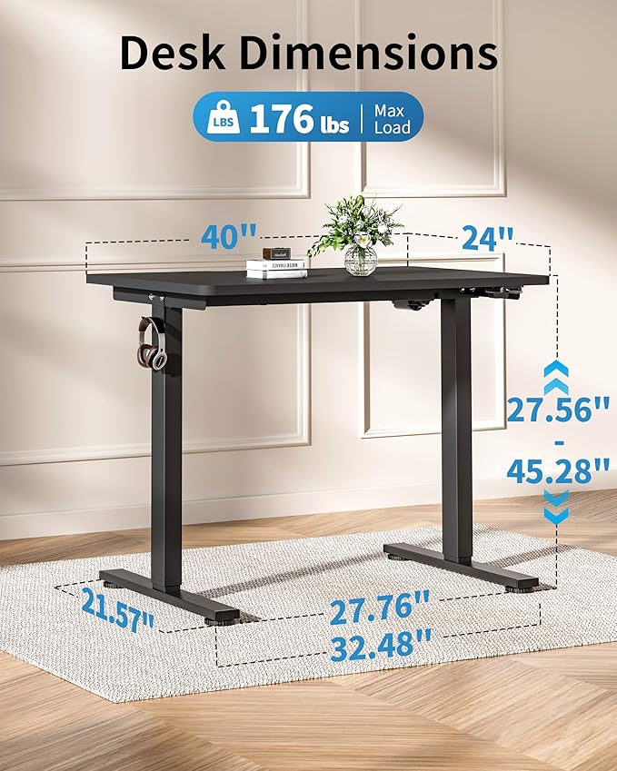 Okin Small Electric Standing Desk, 40" x 24" Whole Piece Height Adjustable Black Sit to Stand Desk Computer Workstation for Home Office