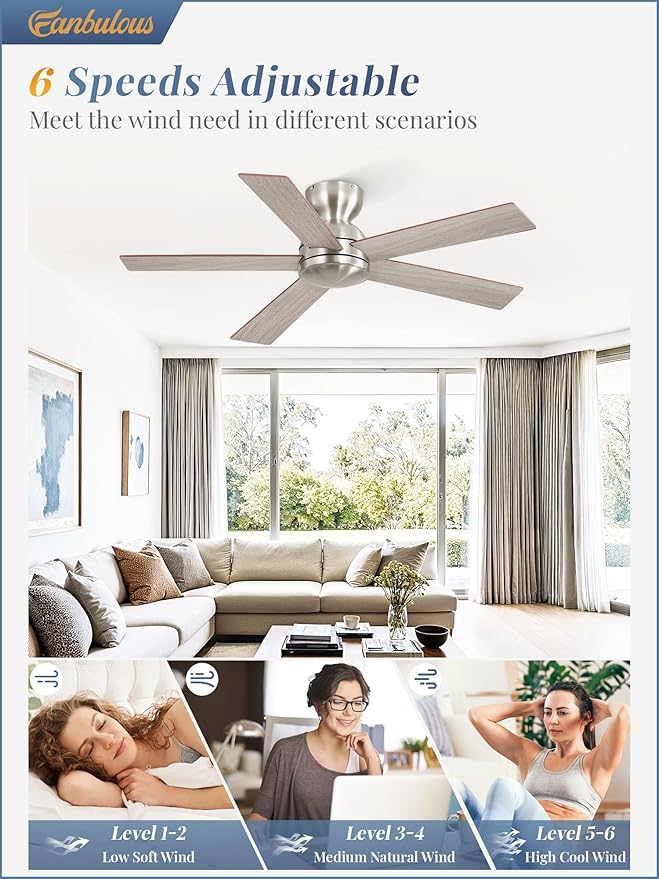 Fanbulous 42 Inch Flush Mount Ceiling Fans no Light, Brushed Nickel Modern Ceiling Fans, 6-Speeds, Quiet Reversible DC Motor, Outdoor/Indoor Ceiling Fan for Patios, Living Room, Bedroom