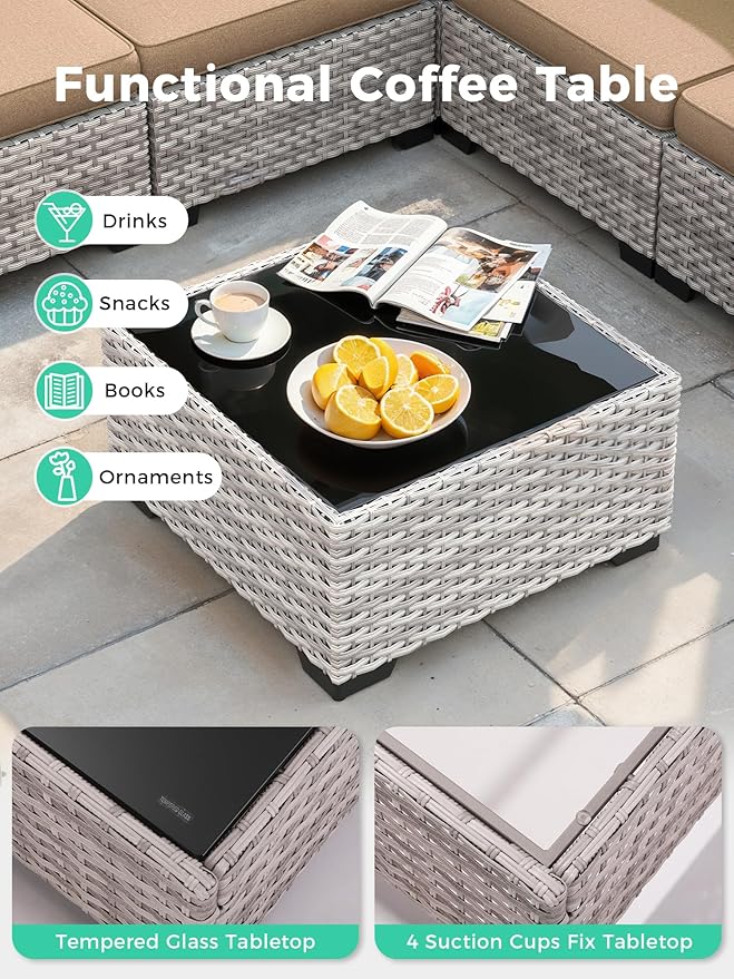 13 Piece Outdoor Wicker Rattan Sectional Sofa Set with Swivel Chairs & Fire Pit Table, 9-Seats with 4" Thickened Cushions & Coffee Table, All-Weather PE Rattan for Garden, Backyard, Porch, Beige