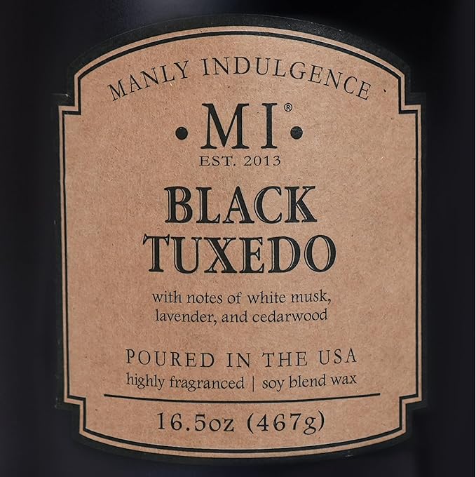 Manly Indulgence Black Tuxedo Candles for Men, 2 Wick, 16.5 oz, Premium Soy Blend Wax, 60H Burn, Candles for Home Scented - Made in The USA