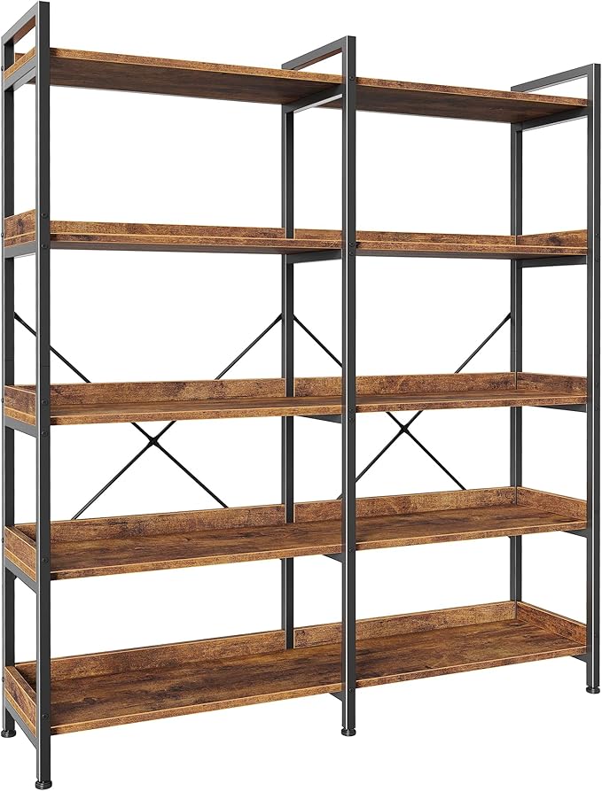 Huuger 5 Tier Bookshelf, Display Bookshelf with 10 Open Shelves and Raised Baffle, 47.2 Inch Straight Wide Bookcase with Metal Frame and Wooden Board, Adjustable Feet, Rustic Brown